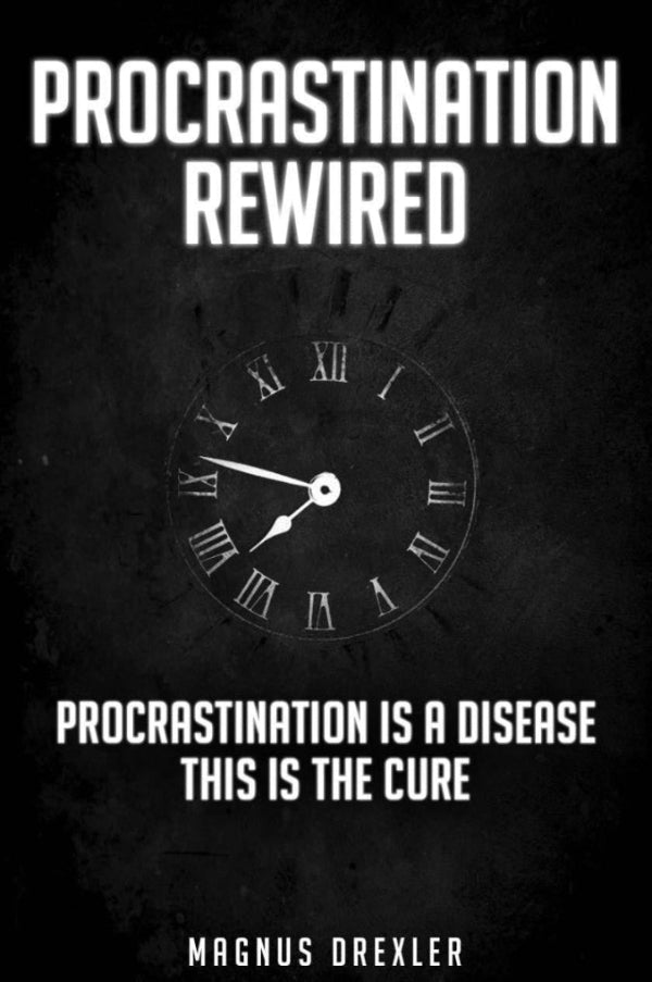 Book cover of 'Procrastination Rewired' with a clock and text on a dark background